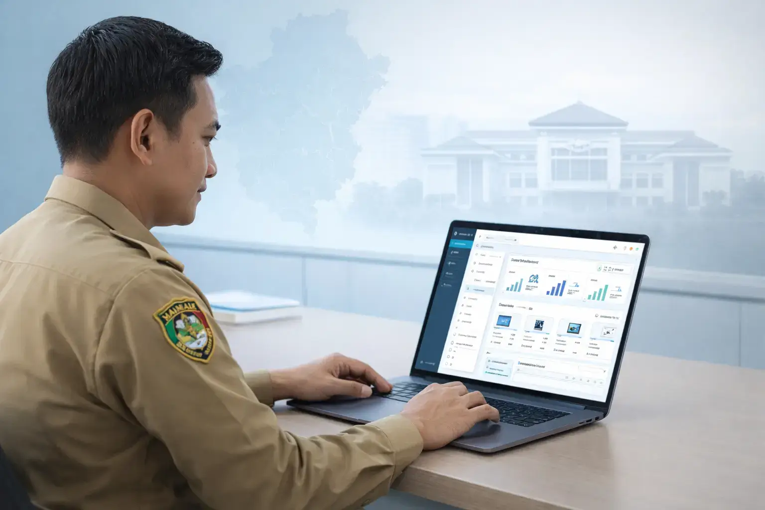 ASN menggunakan laptop dengan dashboard pengadaan digital untuk mendukung proses Inaproc Kabupaten Katingan