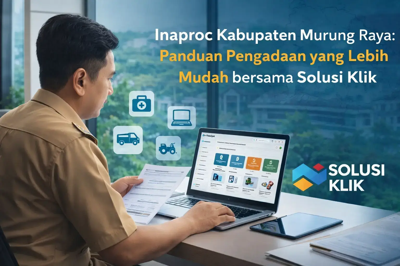 ASN sedang menggunakan laptop dengan dashboard pengadaan digital untuk ilustrasi artikel Inaproc Kabupaten Murung Raya bersama Solusi Klik.