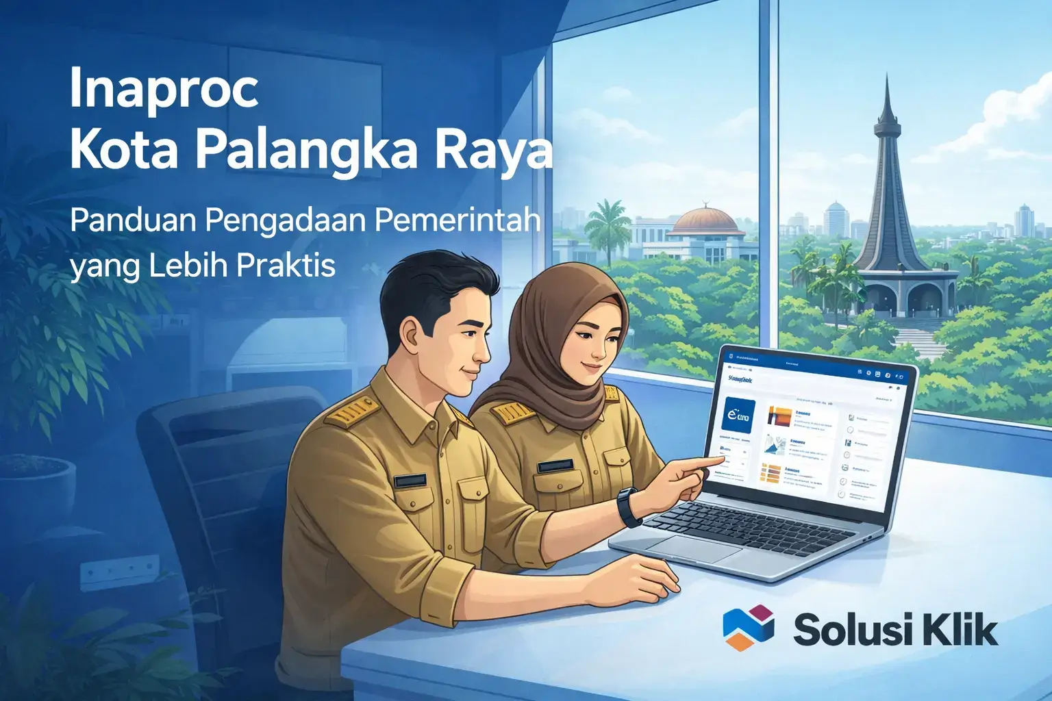 Ilustrasi ASN dan pejabat pengadaan menggunakan sistem digital untuk proses Inaproc Kota Palangka Raya bersama Solusi Klik.