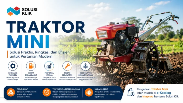 Pelajari traktor mini mulai dari fungsi, keunggulan, hingga penggunaannya untuk berbagai kebutuhan lahan. Temukan solusi pengadaan traktor mini yang mudah dan terpercaya di Solusi Klik melalui e-Katalog dan Inaproc.