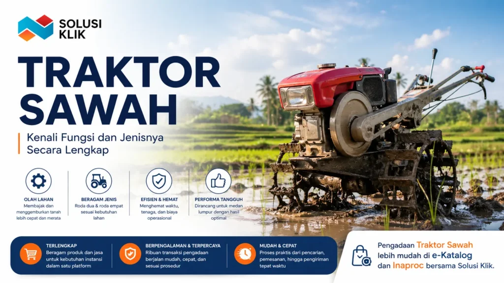 Pelajari traktor sawah mulai dari fungsi, jenis, hingga keunggulannya untuk pertanian modern. Temukan solusi pengadaan traktor sawah yang mudah dan terpercaya di Solusi Klik melalui e-Katalog dan Inaproc.