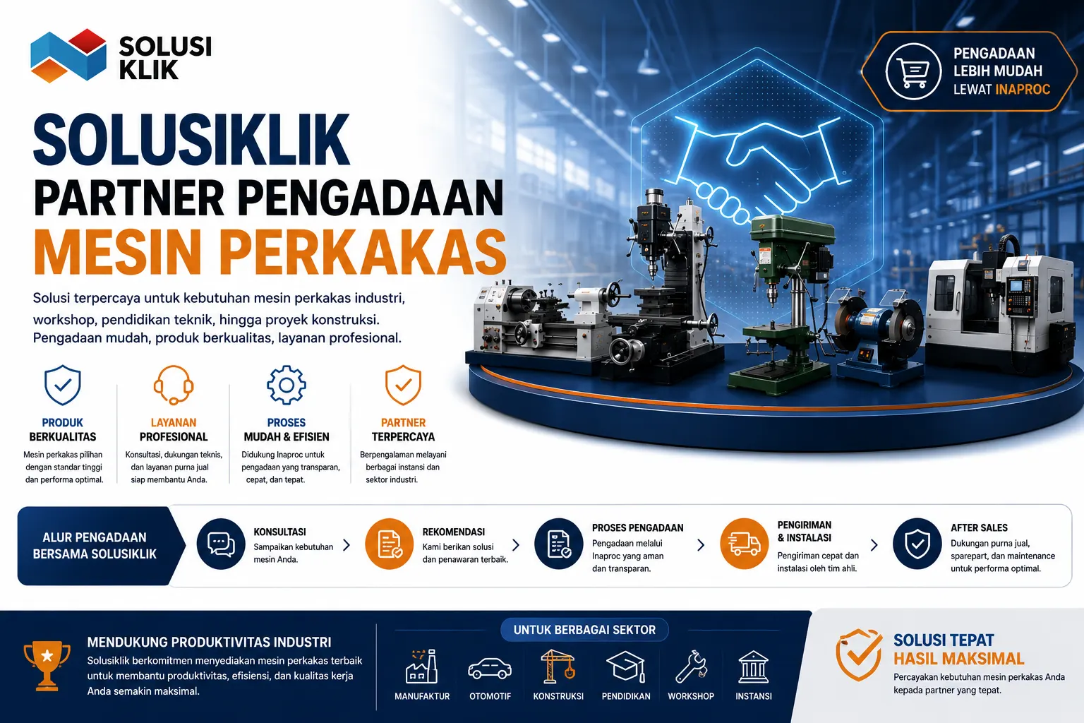 Banner Solusiklik sebagai partner pengadaan mesin perkakas dengan ilustrasi mesin industri modern dan layanan pengadaan terpercaya untuk berbagai sektor.