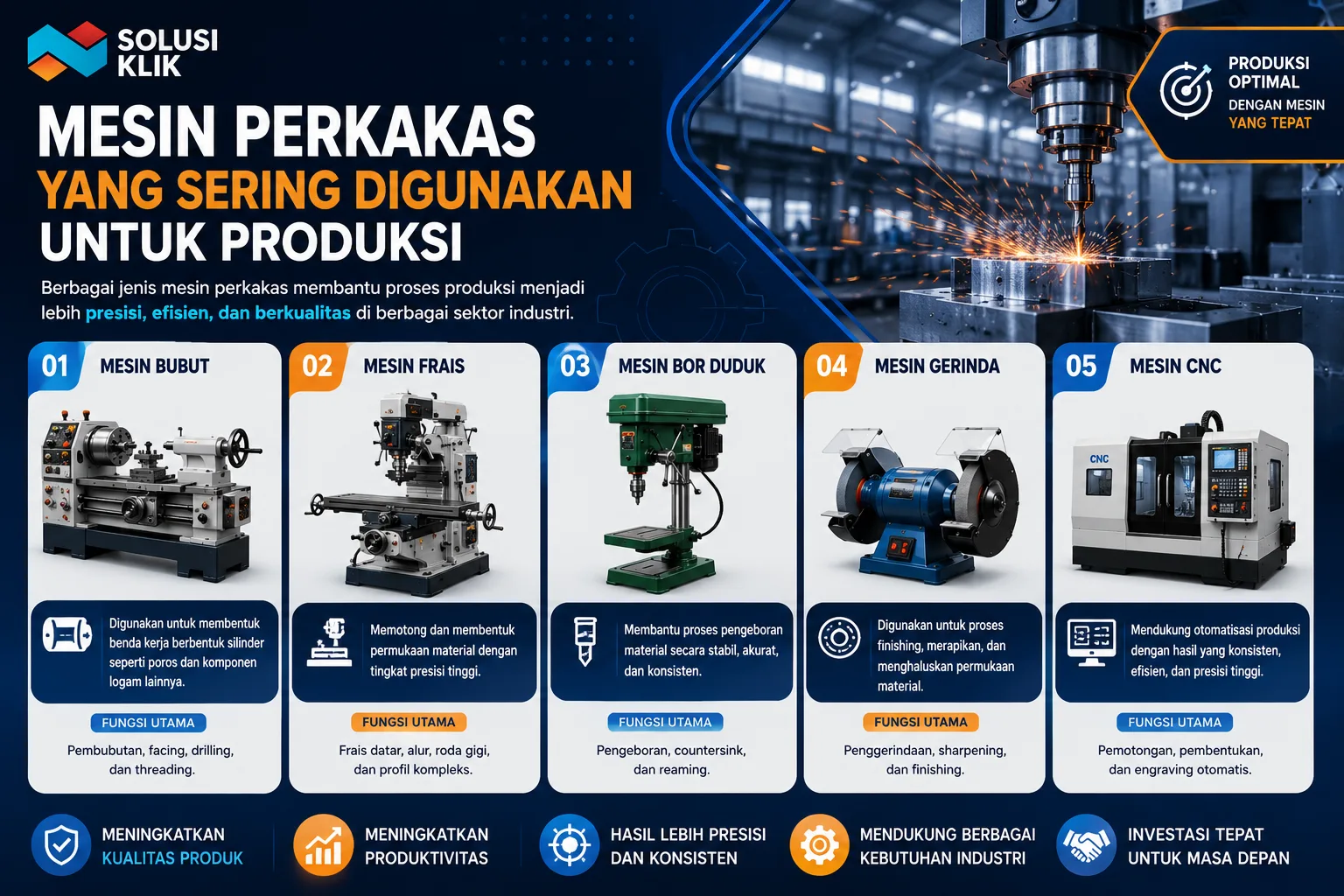 Banner mesin perkakas untuk produksi industri dengan ilustrasi mesin bubut, frais, bor duduk, gerinda, dan CNC yang mendukung proses kerja presisi dan efisien.