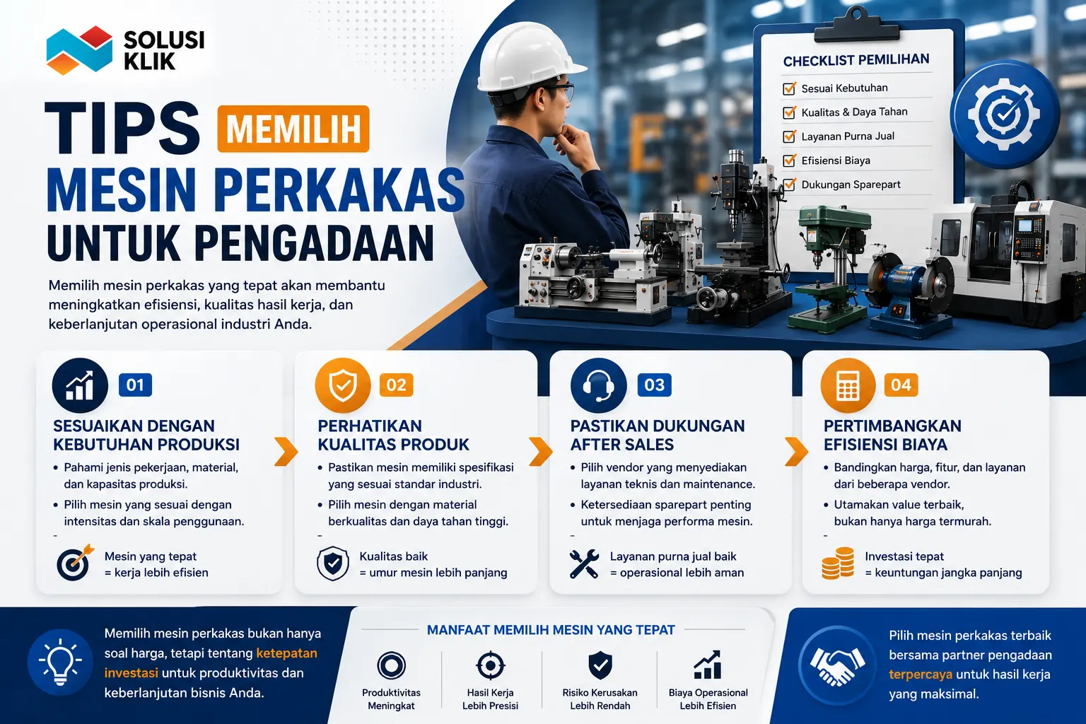 Banner tips memilih mesin perkakas untuk pengadaan dengan ilustrasi mesin industri, checklist pemilihan, dan panduan memilih mesin yang tepat untuk kebutuhan produksi.