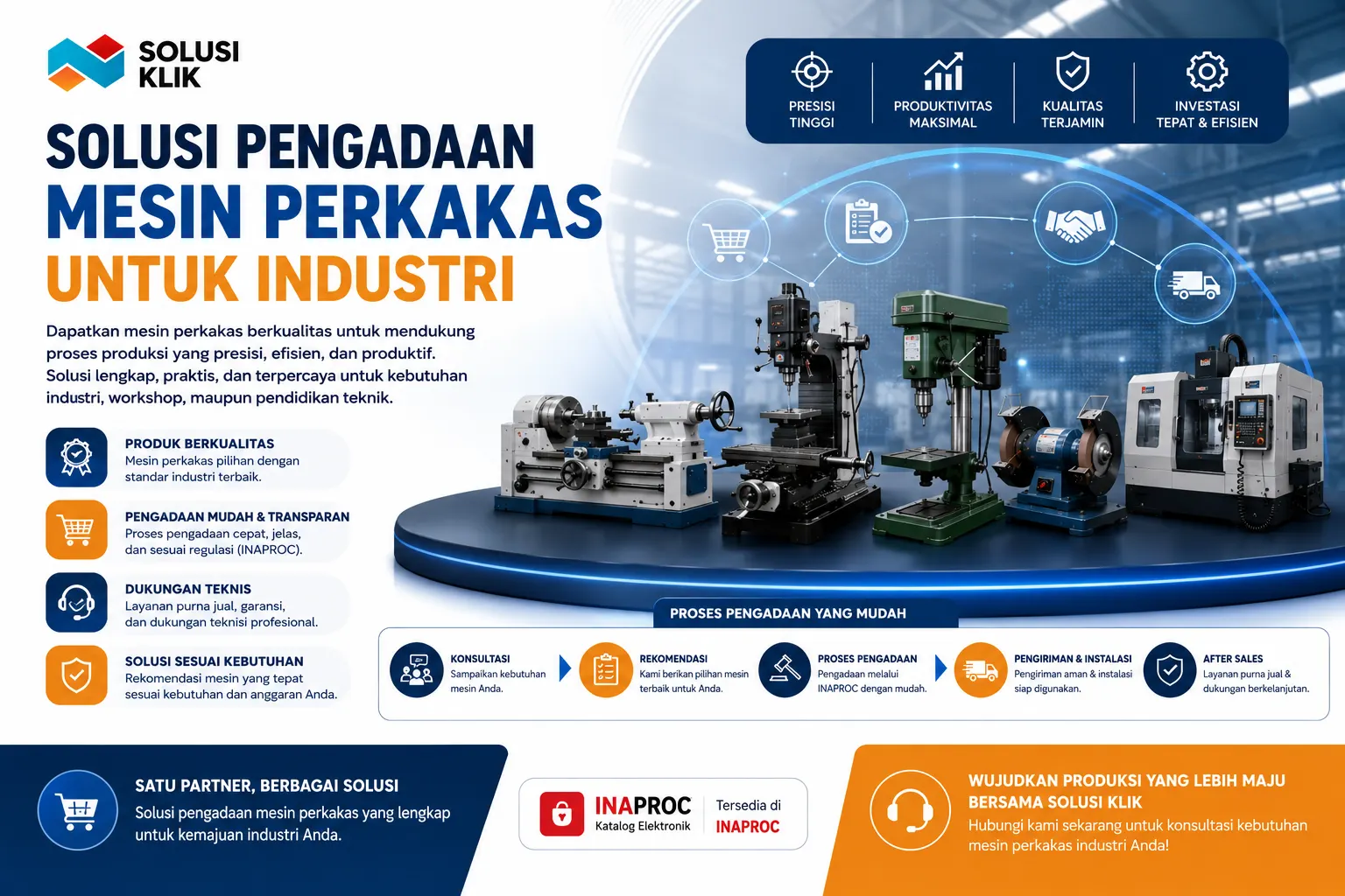 Banner solusi pengadaan mesin perkakas industri dengan ilustrasi mesin bubut, frais, bor, gerinda, dan CNC untuk mendukung proses produksi modern.