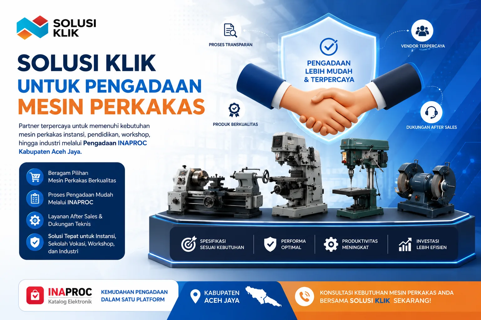 Banner Solusi Klik untuk pengadaan mesin perkakas dengan konsep digital procurement modern bagi kebutuhan industri, workshop, dan instansi pemerintah.
