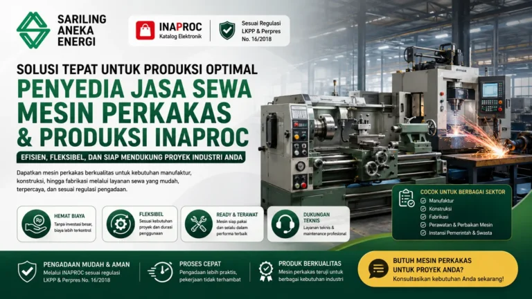 Banner penyedia jasa sewa mesin perkakas dan produksi INAPROC yang menampilkan mesin bubut, mesin cutting, dan peralatan industri untuk mendukung kebutuhan manufaktur, fabrikasi, dan proyek industri secara efisien.