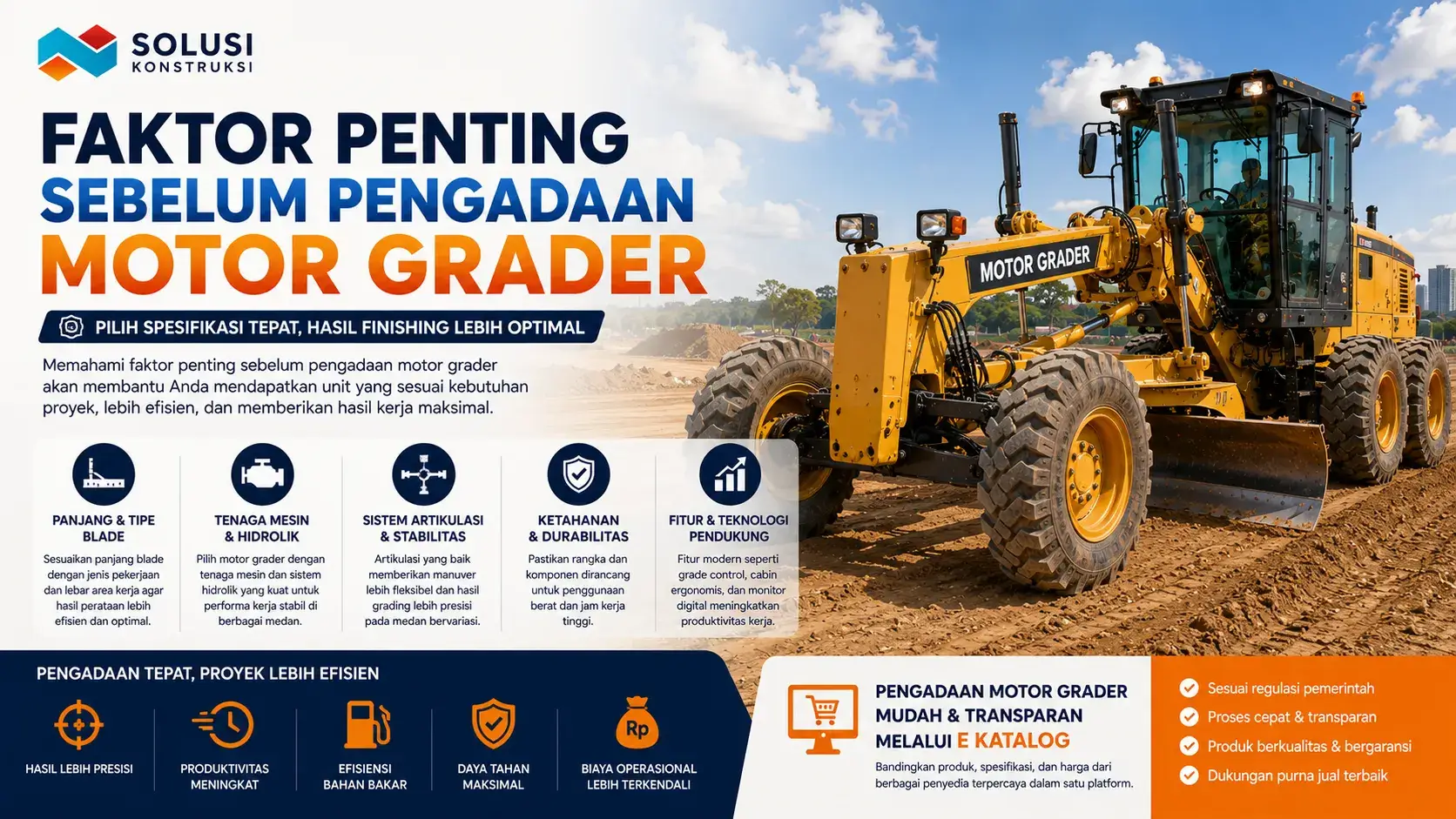 Faktor penting sebelum pengadaan motor grader untuk proyek konstruksi dan finishing jalan