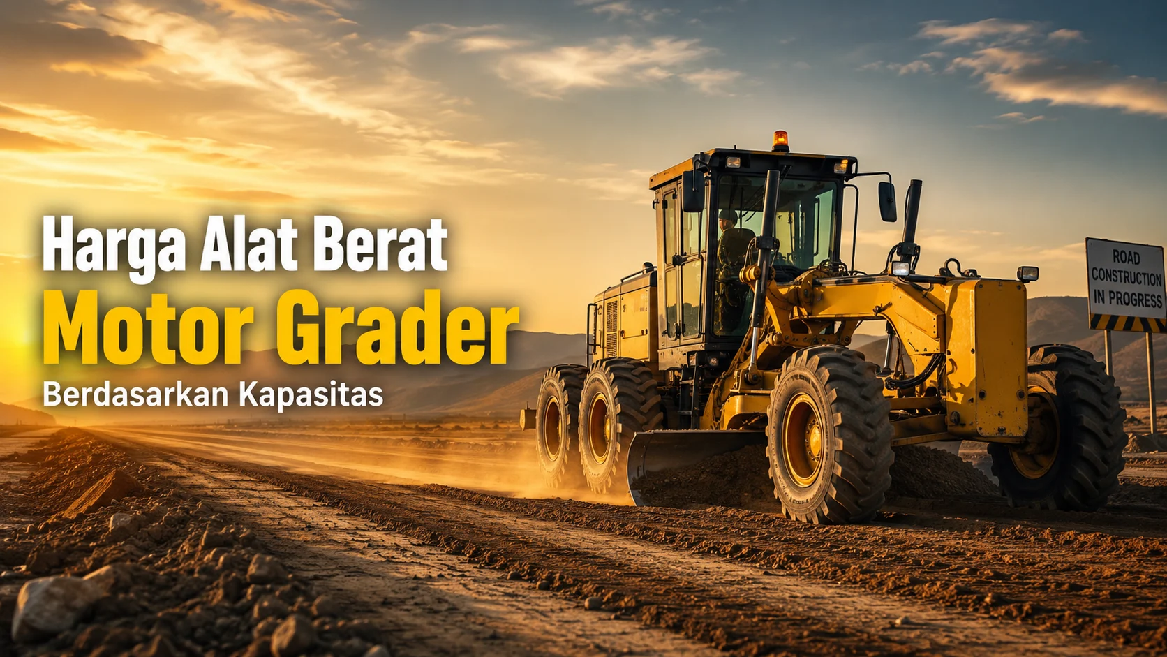 Ilustrasi alat berat motor grader di proyek infrastruktur dengan fokus pada informasi harga alat berat motor grader berdasarkan kapasitas.