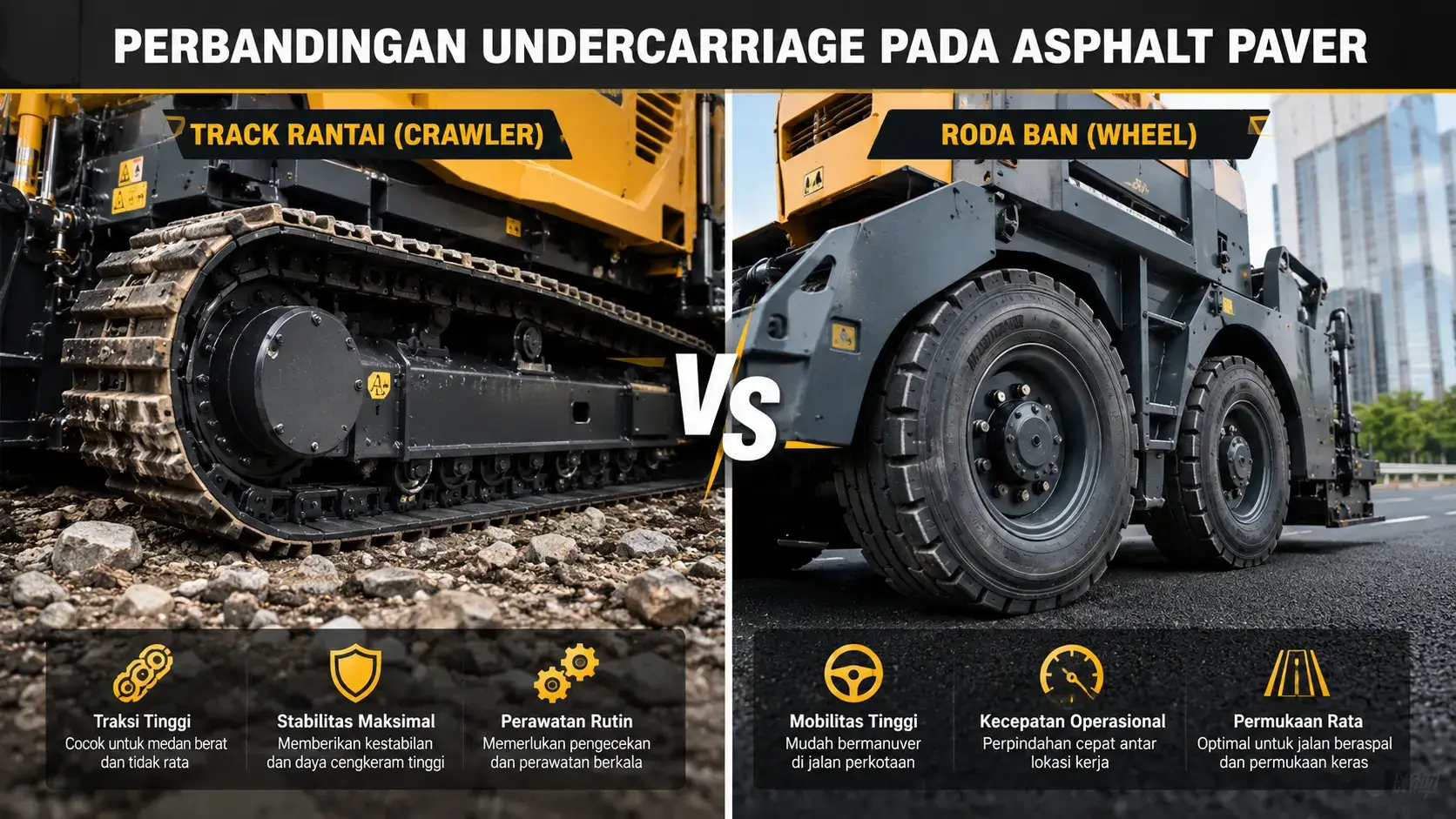 Perbandingan undercarriage crawler dan wheel pada asphalt paver untuk pembahasan harga asphalt paver