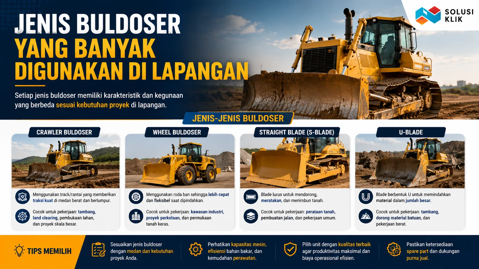 Jenis buldoser yang banyak digunakan di lapangan untuk proyek konstruksi