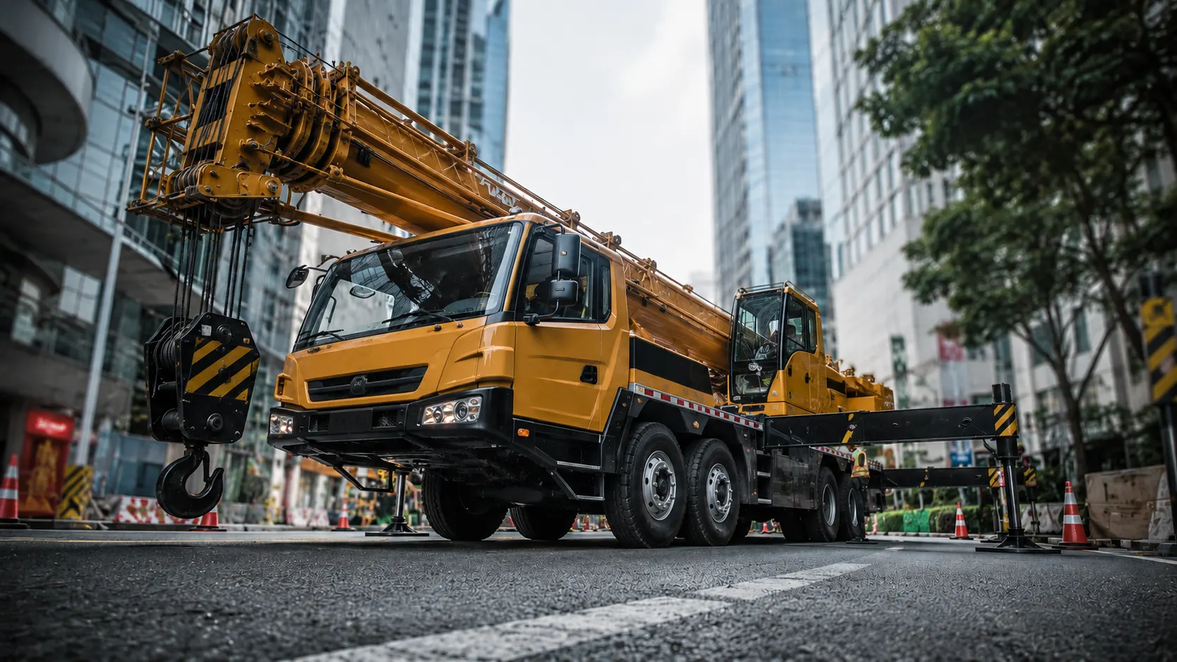Harga crane mobile modern sedang beroperasi di area proyek perkotaan