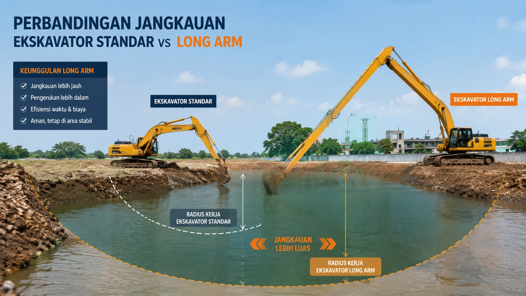 Harga Ekskavator Long Arm dengan jangkauan kerja lebih luas dibanding excavator biasa