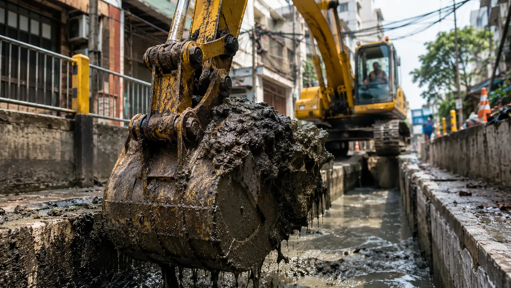 Harga Ekskavator Long Arm modern pada proyek pembersihan drainase perkotaan