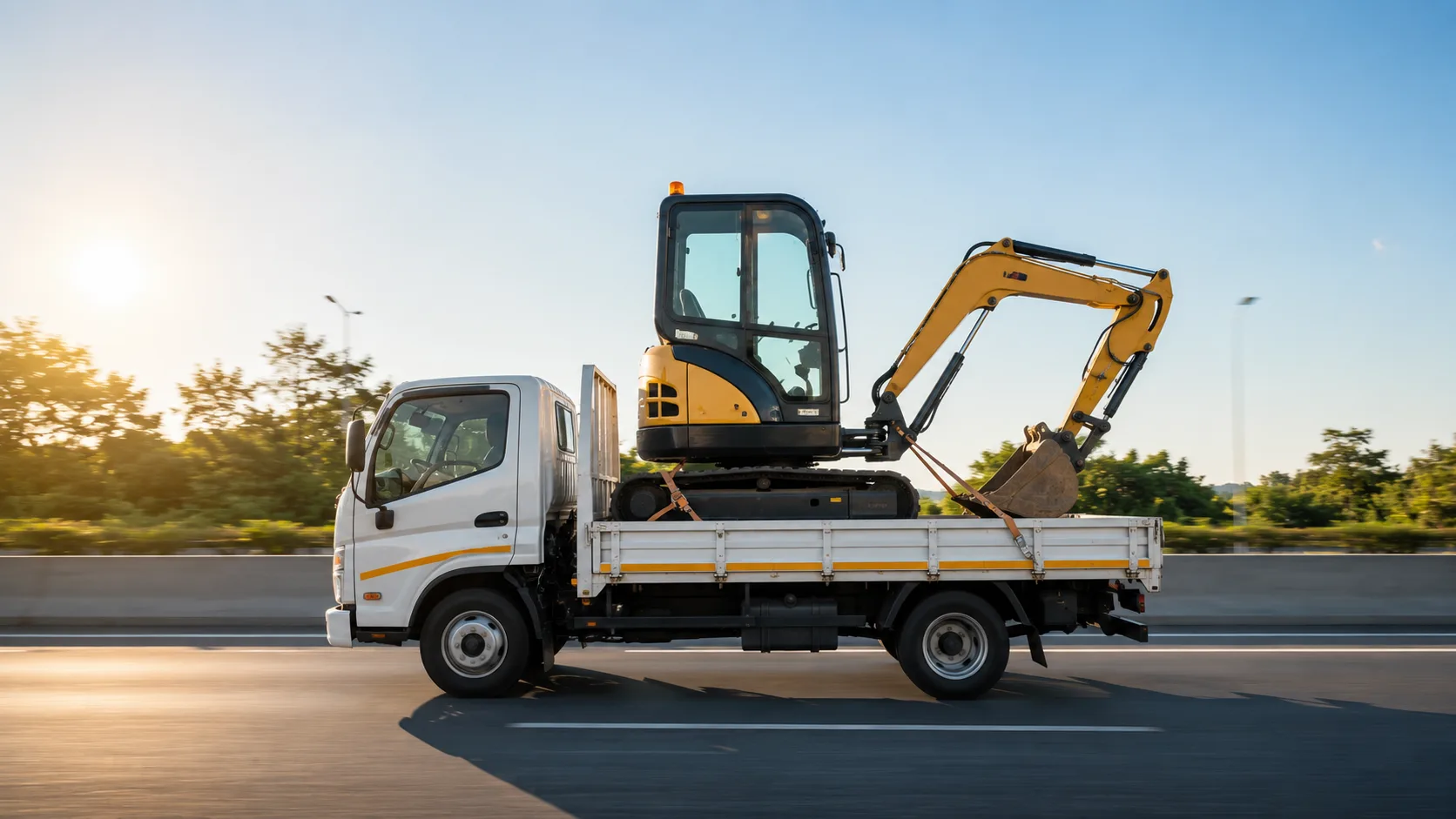 Harga Ekskavator Mini dengan transportasi menggunakan truk engkel di jalan raya