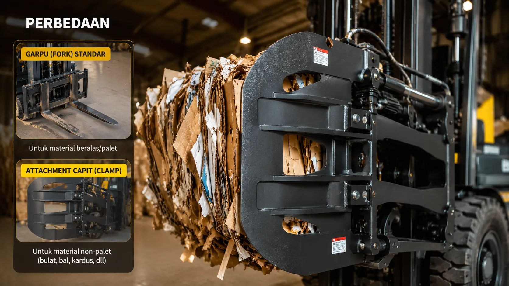 Harga Forklift Capit clamp dengan sistem penjepit hidrolik untuk kebutuhan industri