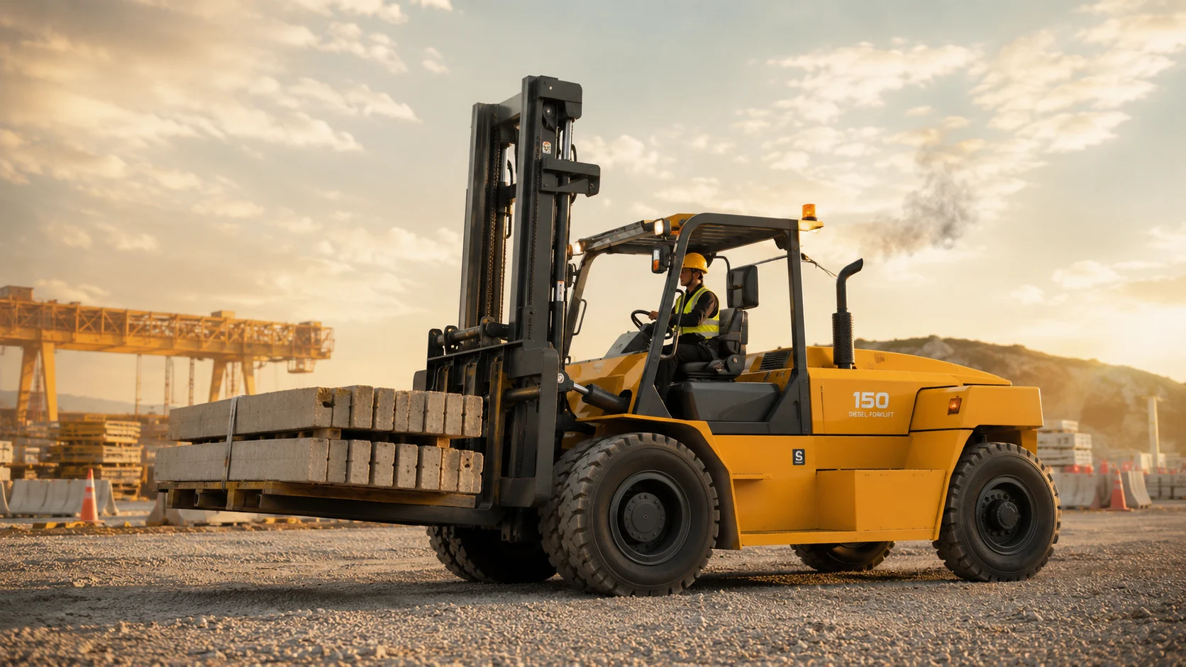 Harga Forklift Capit diesel kapasitas besar di area konstruksi terbuka