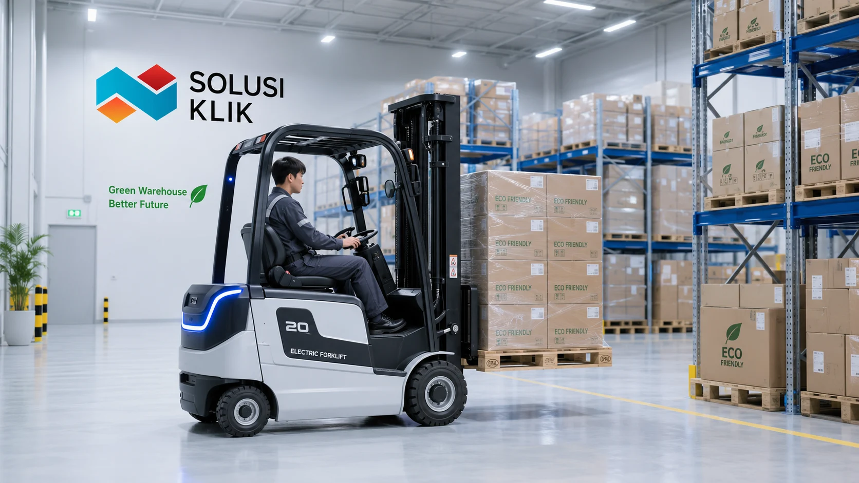 Harga Forklift Capit listrik modern di gudang logistik indoor yang bersih