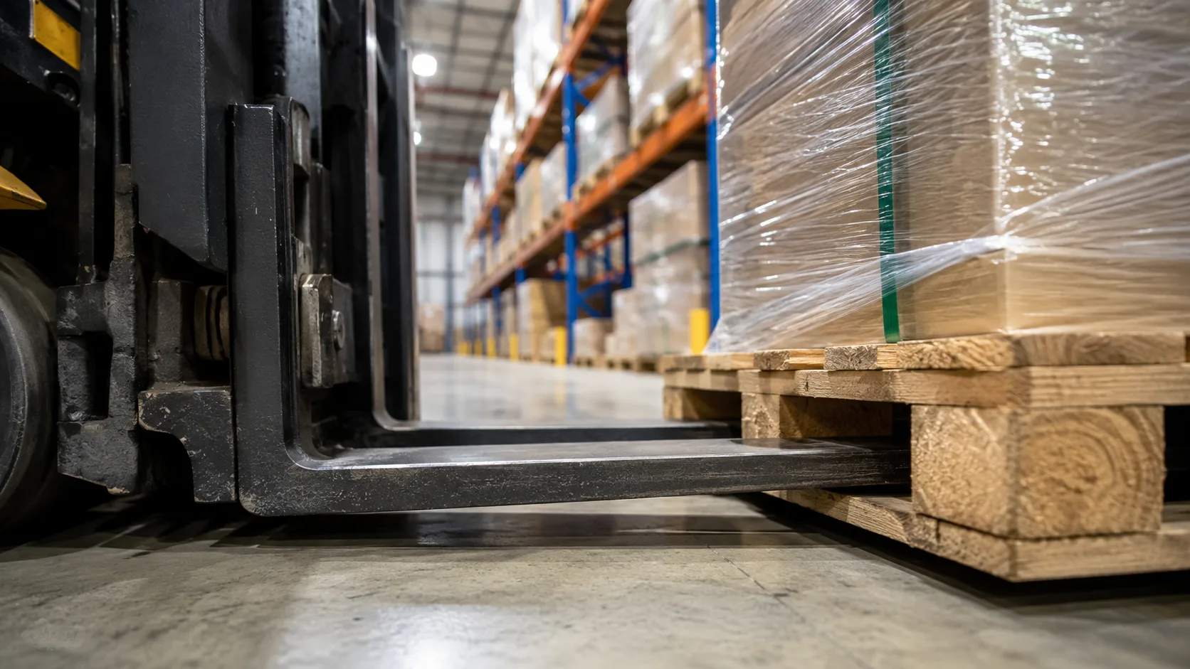 Harga forklift garpu saat mengangkat palet kayu di gudang modern