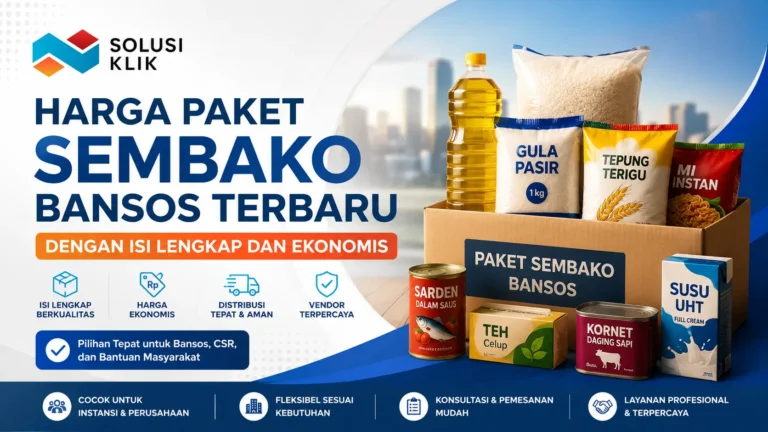 Ilustrasi harga paket sembako bansos terbaru dengan isi lengkap dan ekonomis dari Solusi Klik untuk kebutuhan bantuan sosial dan CSR perusahaan