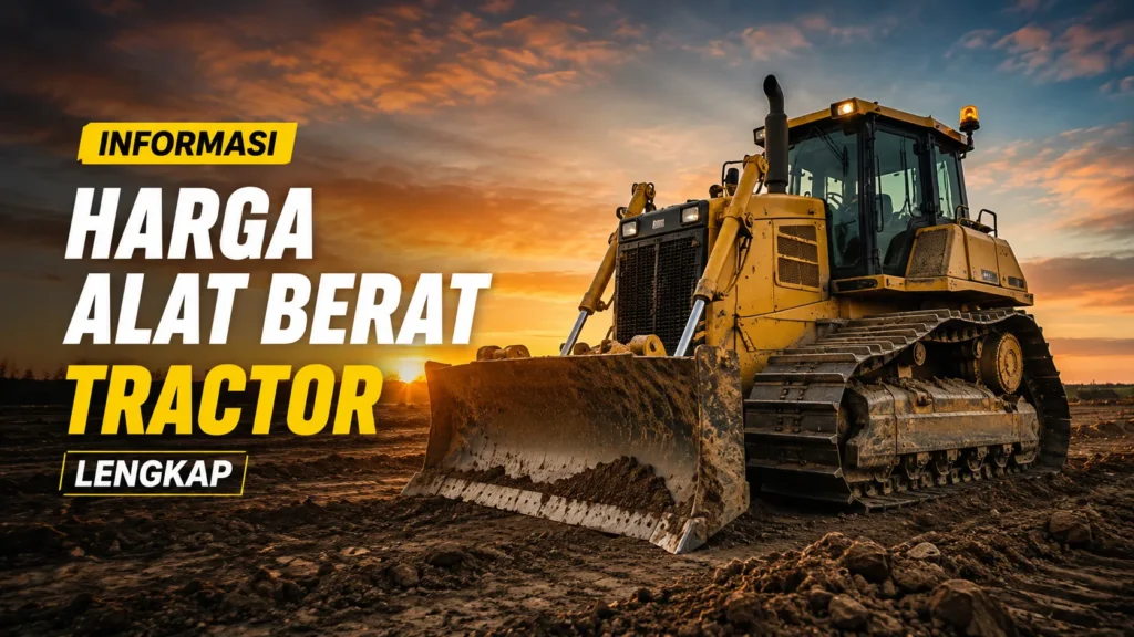 Track tractor alat berat sedang bekerja di proyek konstruksi saat golden hour dengan teks informasi harga alat berat tractor lengkap.