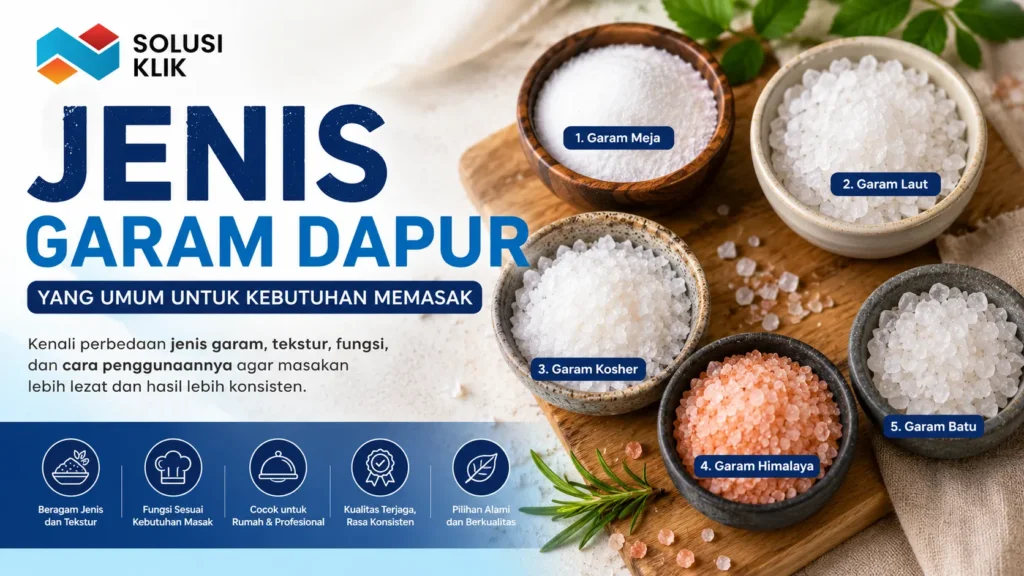 Jenis garam dapur yang umum untuk kebutuhan memasak seperti garam meja, garam laut, garam kosher, garam himalaya, dan garam batu.