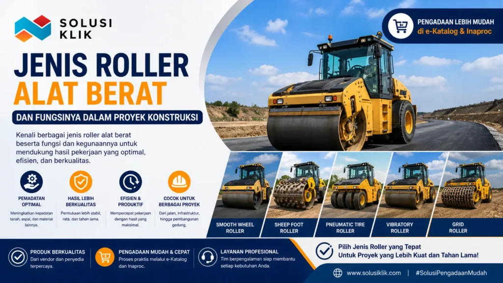 Pelajari berbagai jenis roller alat berat dan fungsinya dalam proyek konstruksi. Temukan solusi pengadaan mudah, cepat, dan terpercaya bersama Solusi Klik.