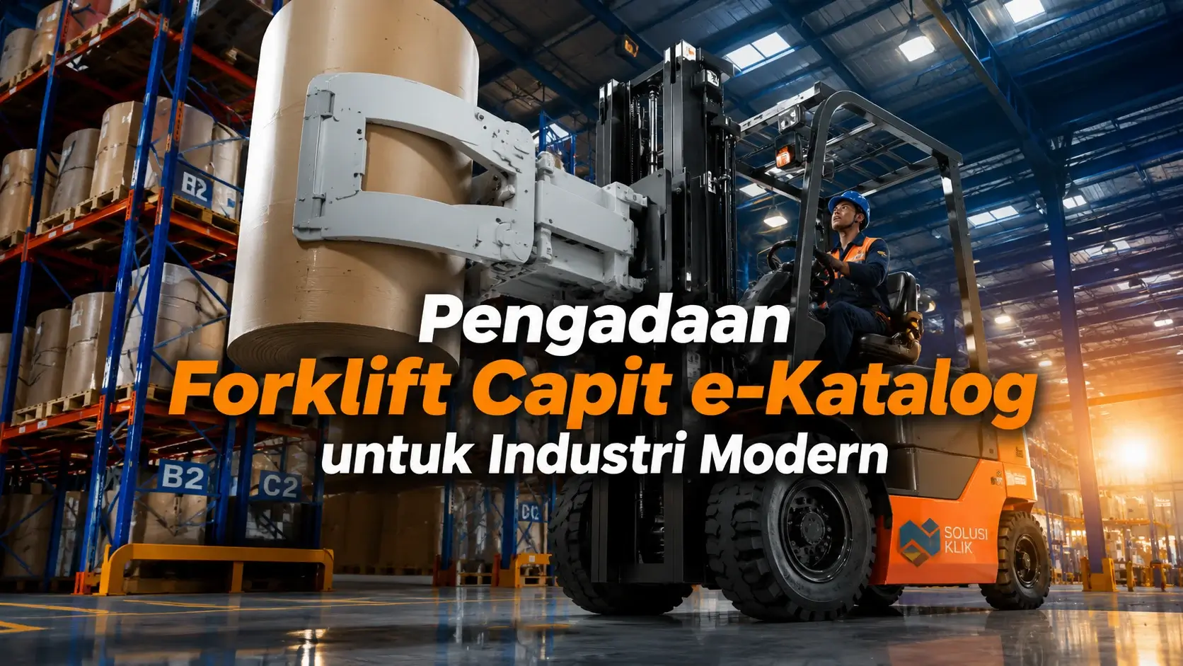 Pengadaan forklift capit e Katalog dengan attachment paper roll clamp di gudang logistik modern untuk kebutuhan industri