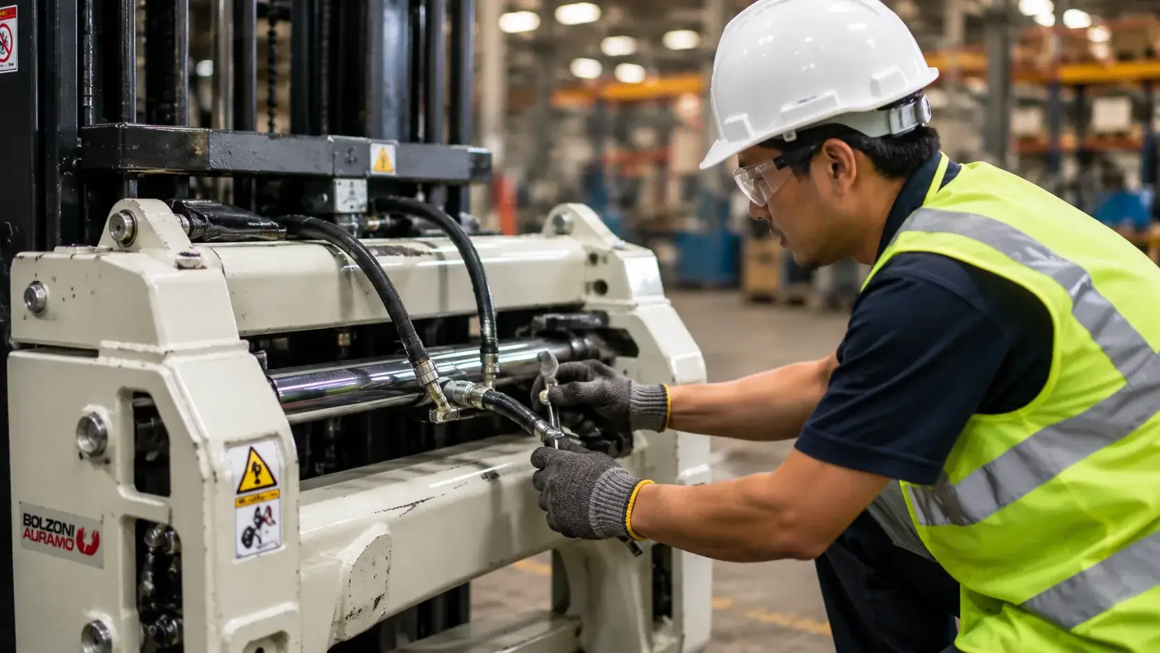 Teknisi melakukan pengecekan sistem hidrolik forklift capit dalam proses pengadaan forklift capit e katalog untuk menjaga keamanan dan performa operasional industri.