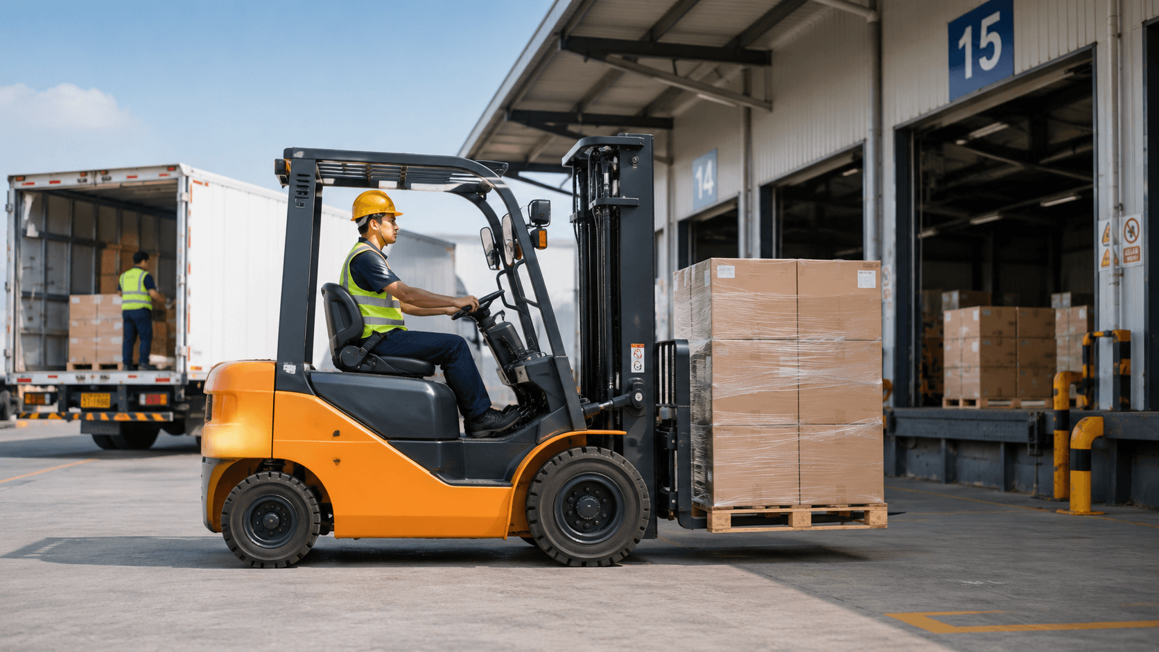 Pengadaan forklift e Katalog jenis counterbalance sedang beroperasi di area loading dock gudang logistik
