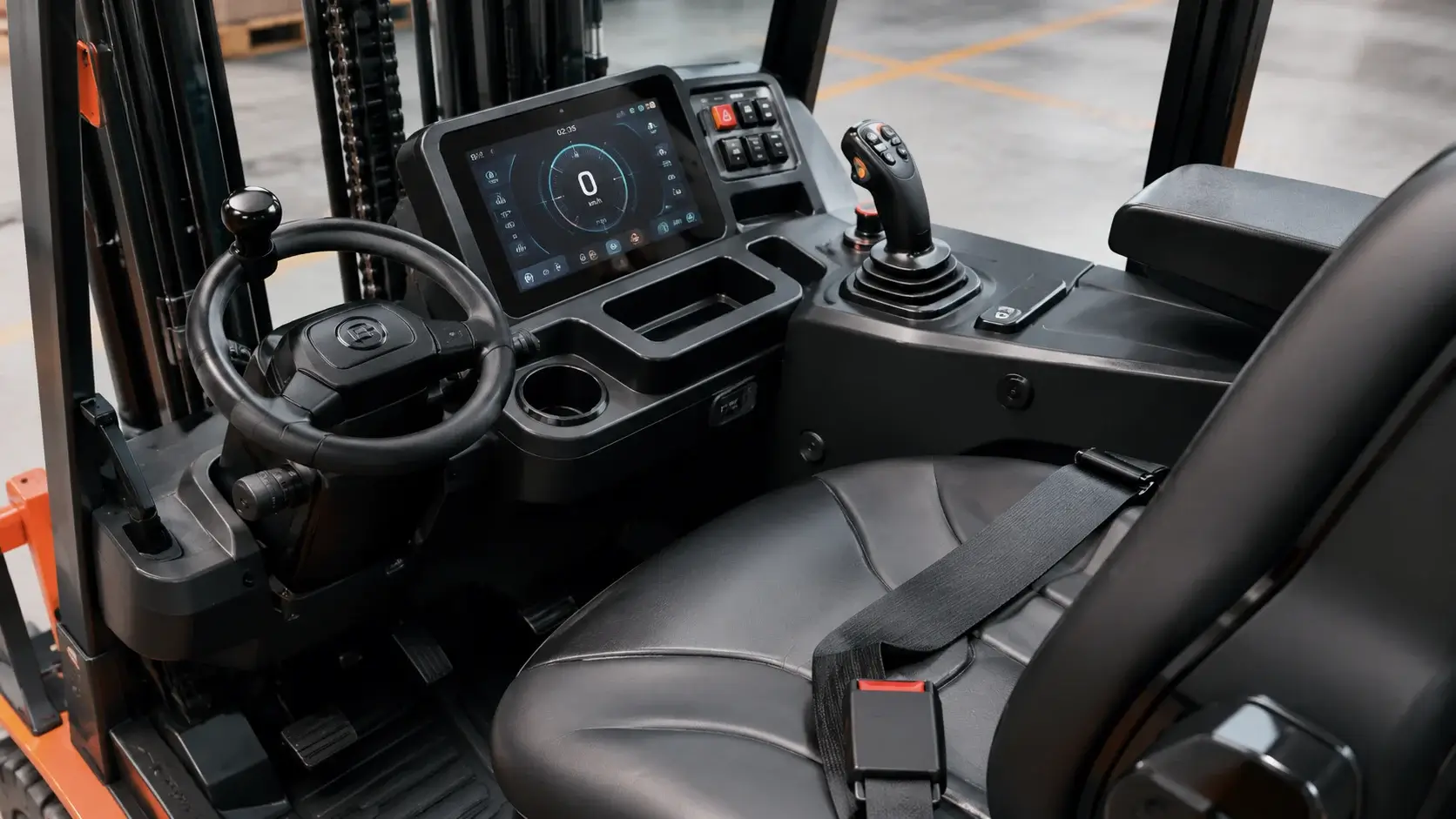 Interior kabin operator modern untuk pengadaan forklift e Katalog dengan layar kontrol digital dan joystick ergonomis