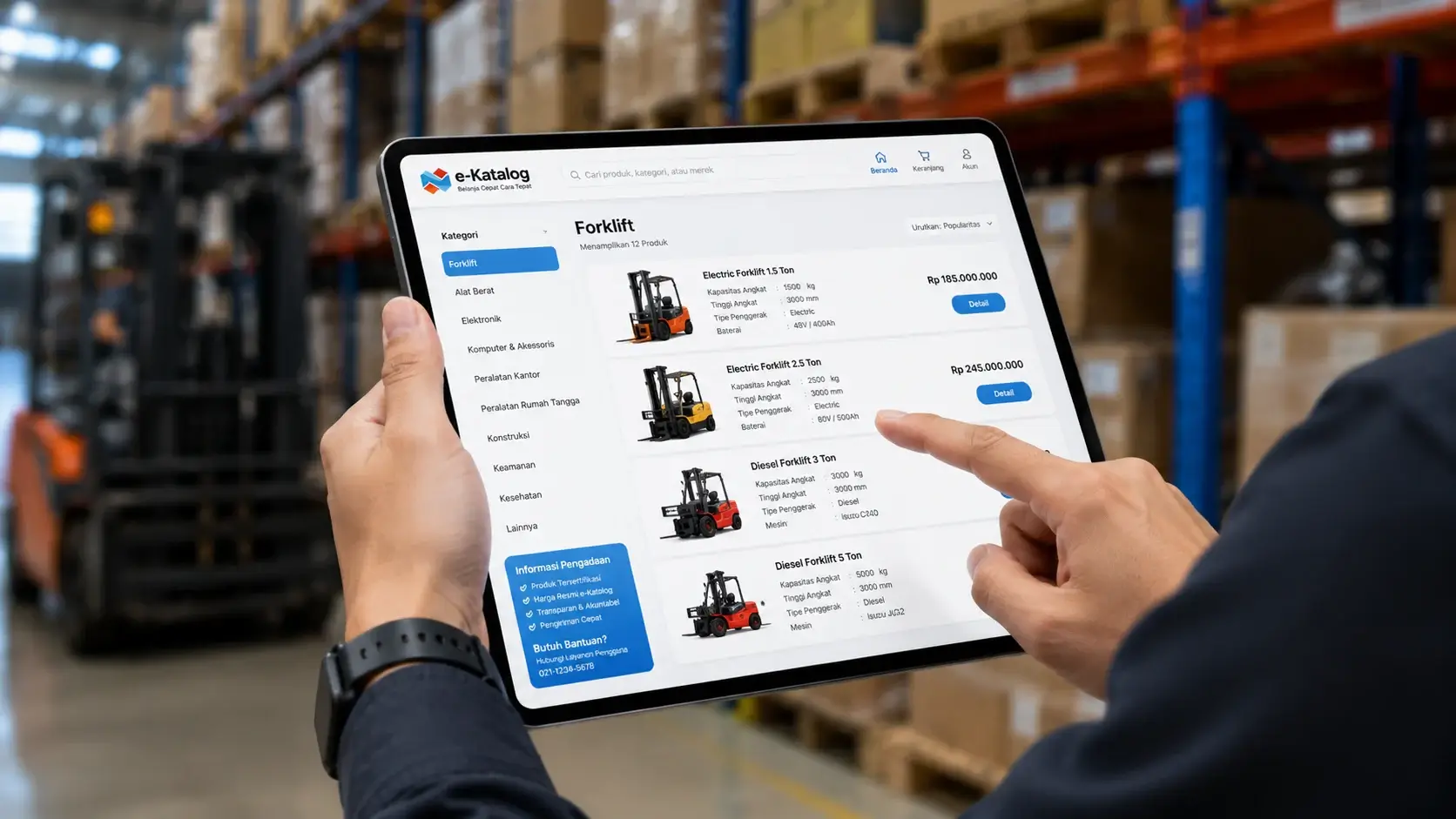 Pengadaan forklift e Katalog berbasis digital memudahkan pencarian spesifikasi, harga, dan pilihan forklift untuk kebutuhan gudang dan logistik modern