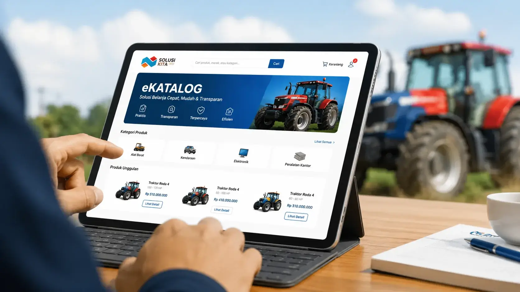 Pengadaan traktor E Katalog melalui tablet dengan tampilan katalog digital modern