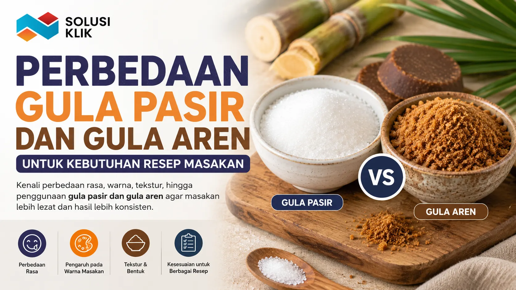 Perbedaan gula pasir dan gula aren untuk kebutuhan resep masakan dilihat dari rasa, warna, tekstur, dan penggunaan dalam berbagai jenis makanan dan minuman.