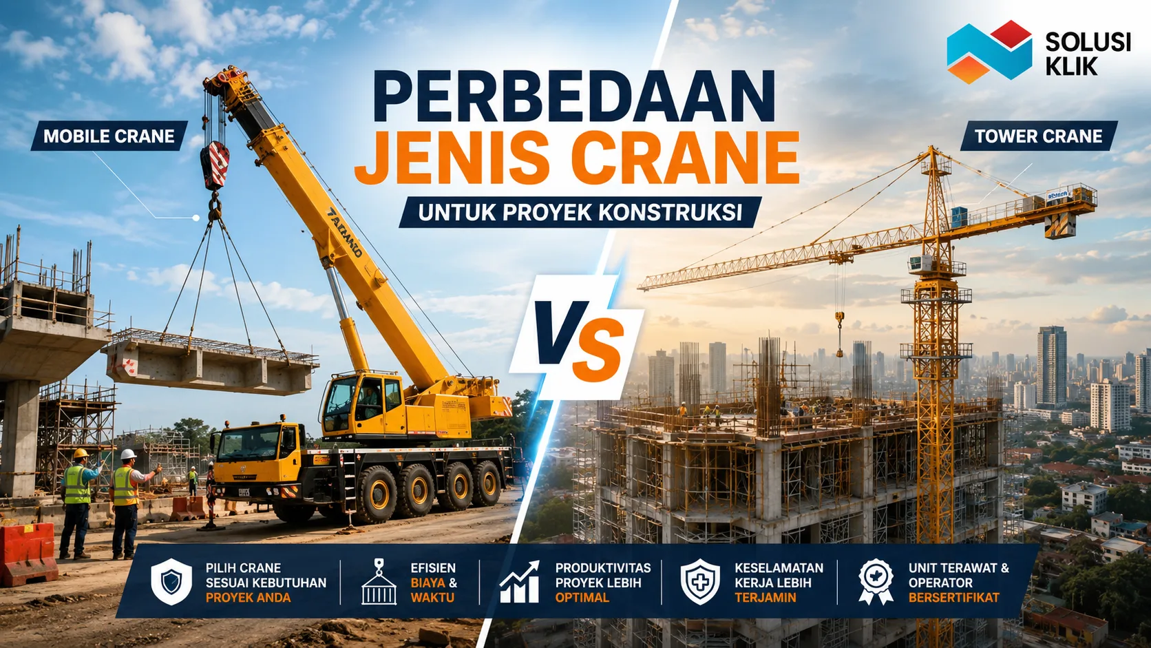 Perbedaan jenis crane antara mobile crane dan tower crane untuk proyek konstruksi