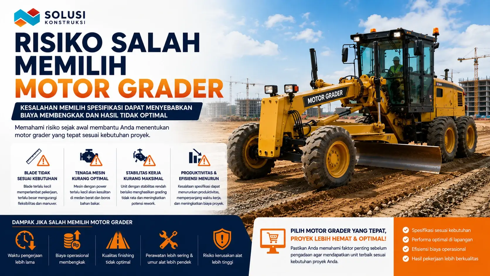 Risiko salah memilih motor grader pada proyek konstruksi dan finishing jalan