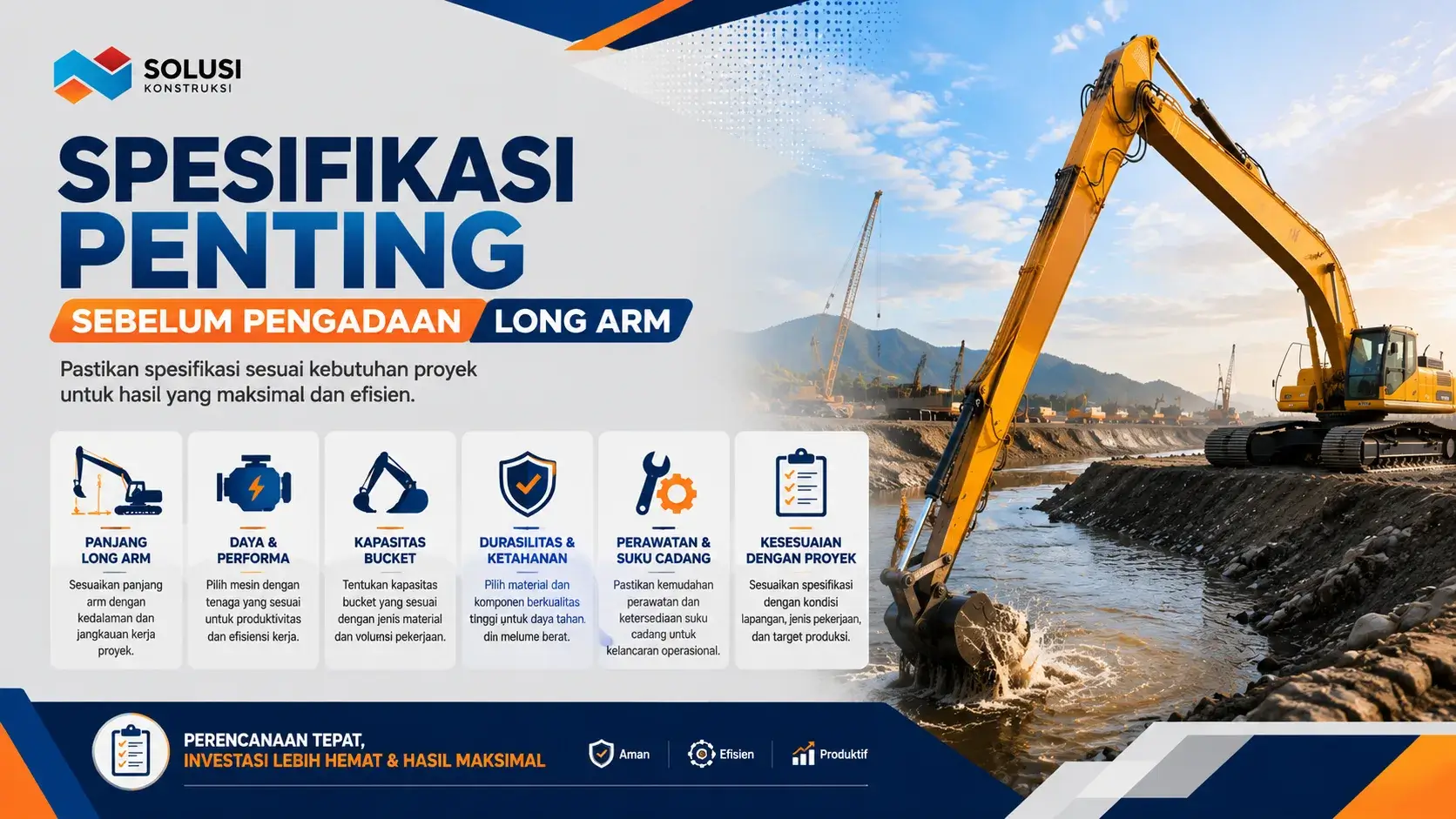 Spesifikasi penting sebelum pengadaan long arm pada proyek konstruksi alat berat