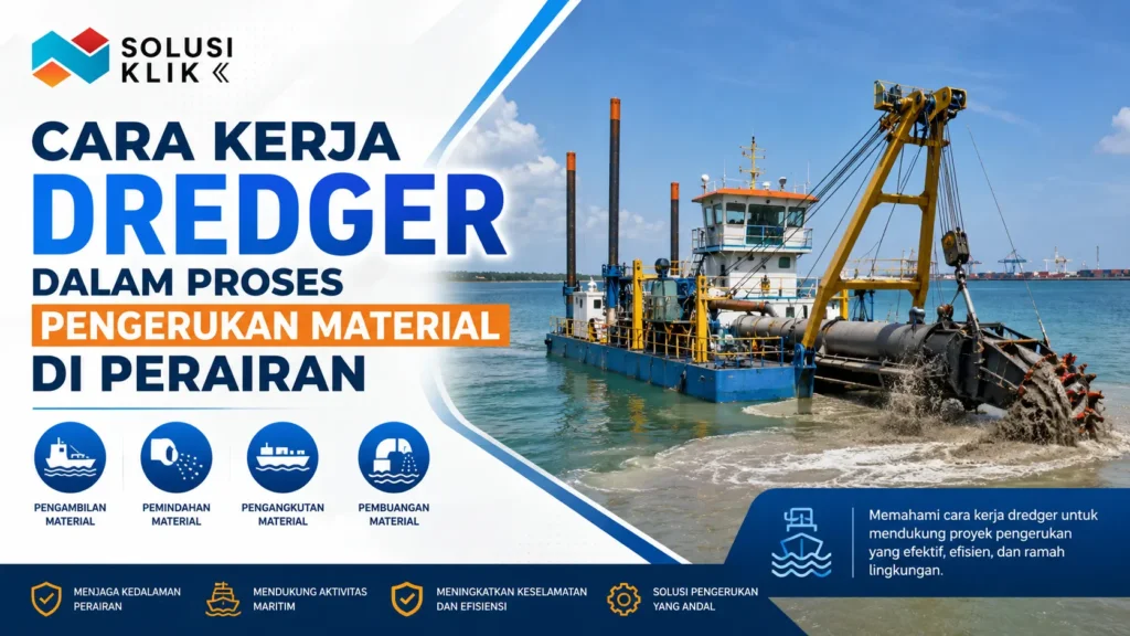 Ilustrasi gambar cara kerja dredger dalam proses pengerukan material di perairan untuk menjaga kedalaman jalur pelayaran dan kelancaran aktivitas maritim