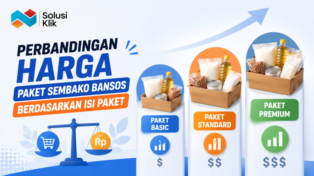 Banner perbandingan harga paket sembako bansos dengan ilustrasi beberapa paket dan indikator perbedaan isi serta harga.