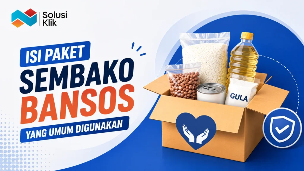 Banner isi paket sembako bansos dengan ilustrasi kotak berisi bahan pokok dan simbol bantuan sosial.