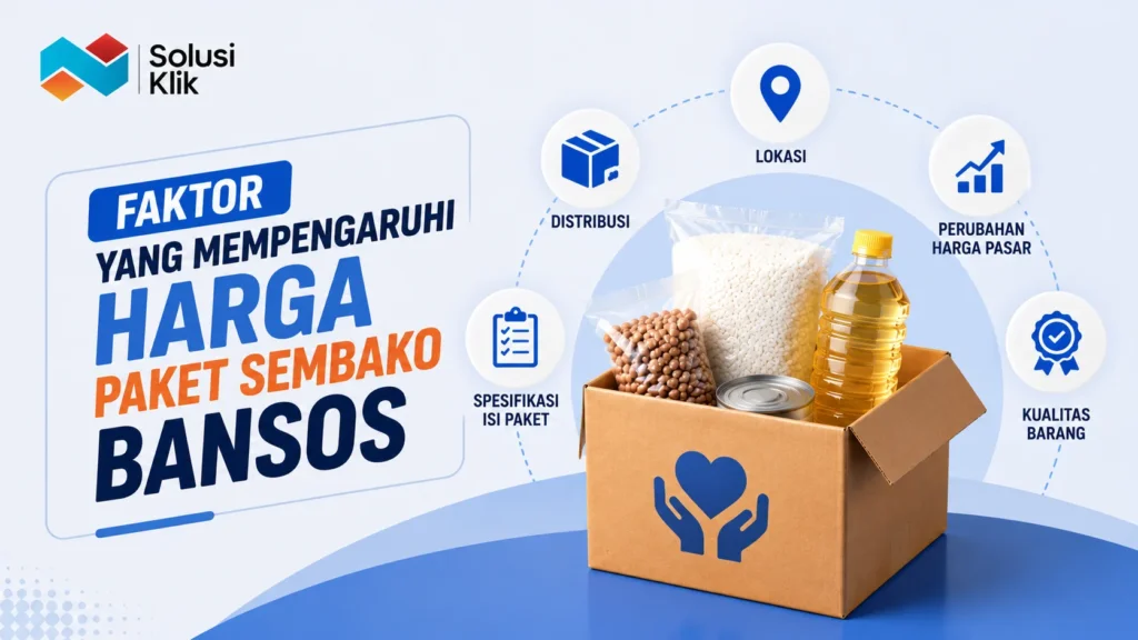 Banner faktor yang mempengaruhi harga paket sembako bansos dengan ilustrasi paket bantuan dan ikon faktor penentu harga.