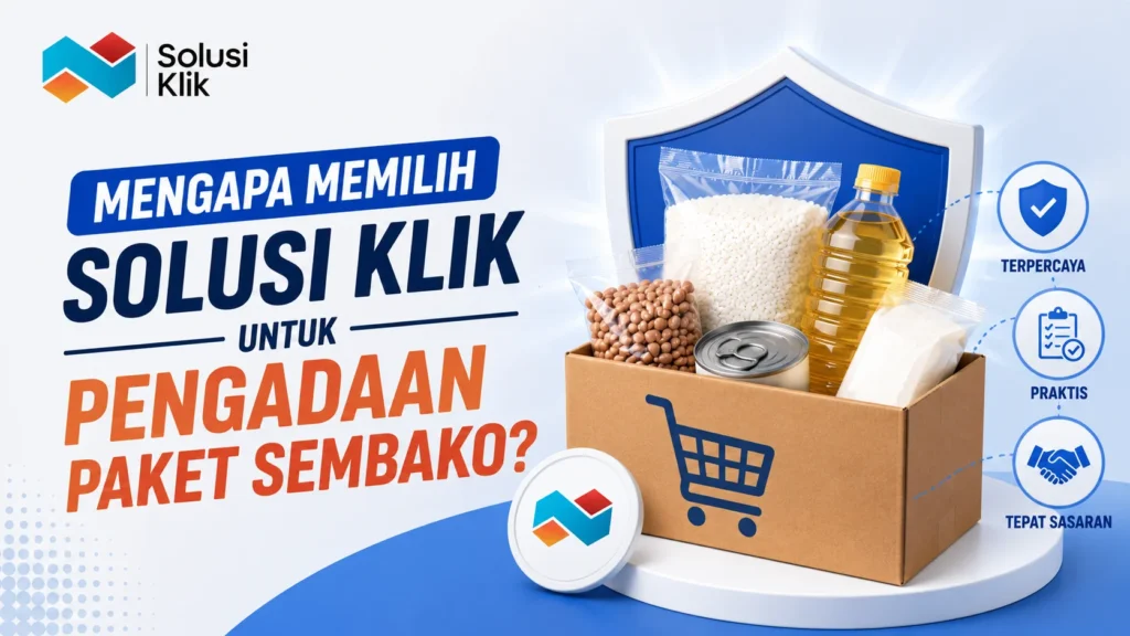 Banner Solusi Klik untuk pengadaan paket sembako dengan ilustrasi paket bahan pokok dan simbol layanan terpercaya.
