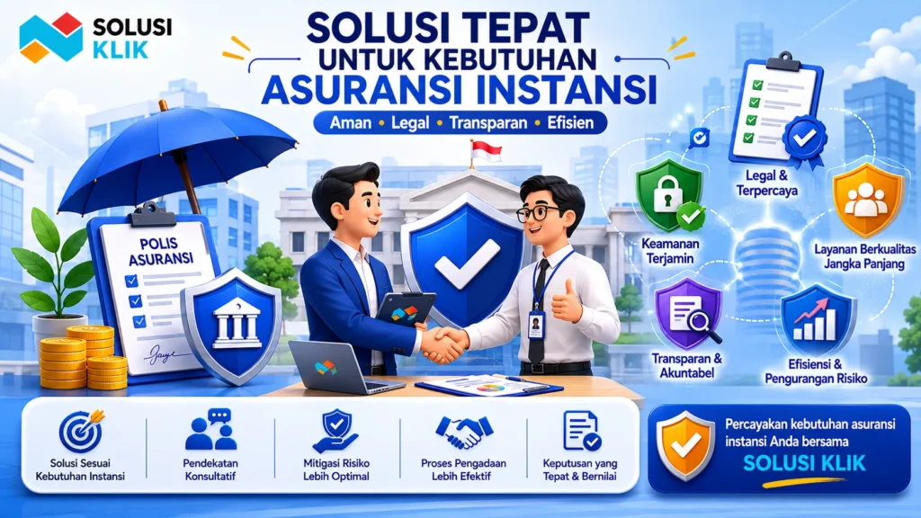 Banner solusi kebutuhan asuransi instansi dengan ilustrasi perisai perlindungan, polis asuransi, gedung instansi, platform Inaproc, dan ikon manfaat seperti legalitas, transparansi, efisiensi, serta layanan konsultatif.