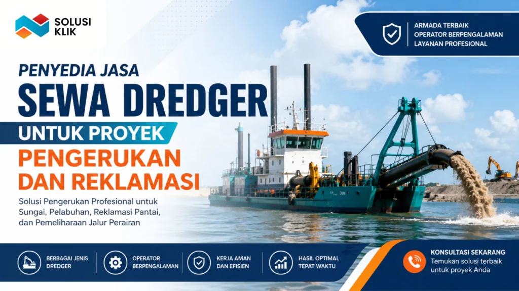 Ilustrasi gambar penyedia jasa sewa dredger untuk proyek pengerukan sungai, pelabuhan, reklamasi pantai, dan pemeliharaan jalur perairan oleh Solusi Klik