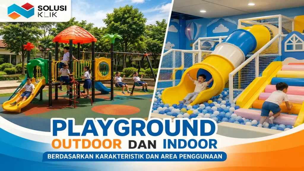 Perbandingan playground outdoor dan indoor berdasarkan karakteristik dan area penggunaan untuk sekolah serta area bermain.