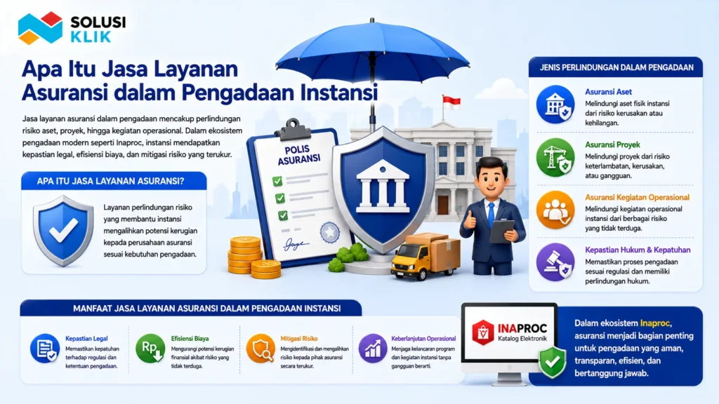 Banner pengertian jasa layanan asuransi dalam pengadaan instansi dengan ilustrasi polis asuransi, perisai perlindungan, gedung instansi, dan ikon perlindungan aset, proyek, serta operasional.