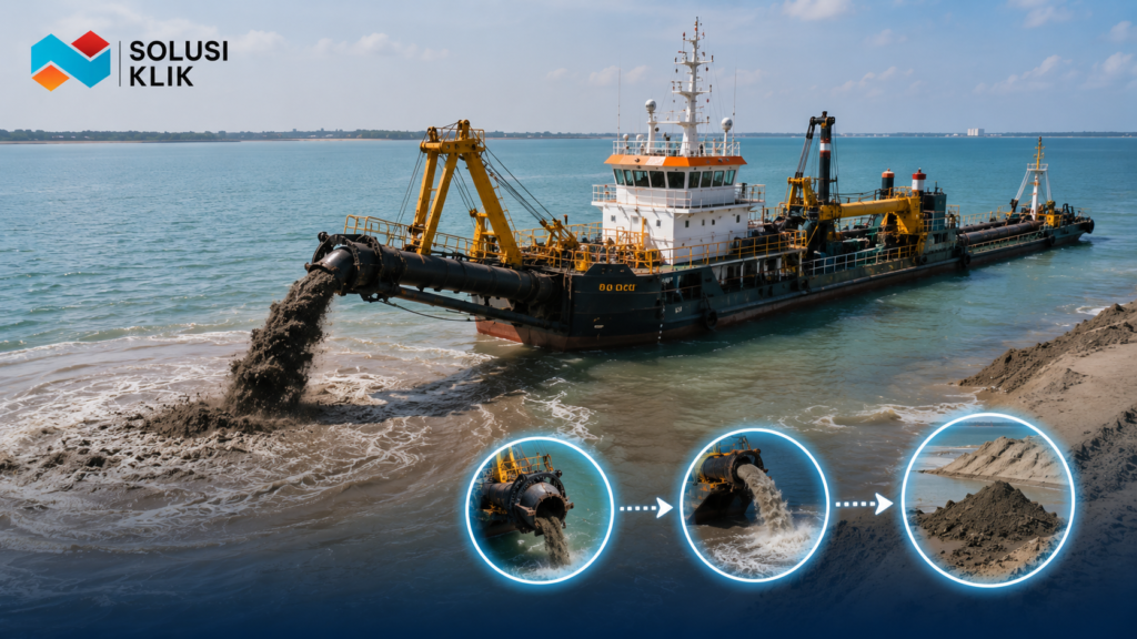 Cara kerja dredger dalam proses pengerukan dan pemindahan material perairan.