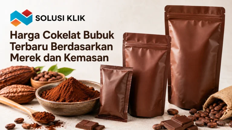 Harga cokelat bubuk terbaru berdasarkan merek dan kemasan dengan ilustrasi kemasan cokelat bubuk serta logo Solusi Klik