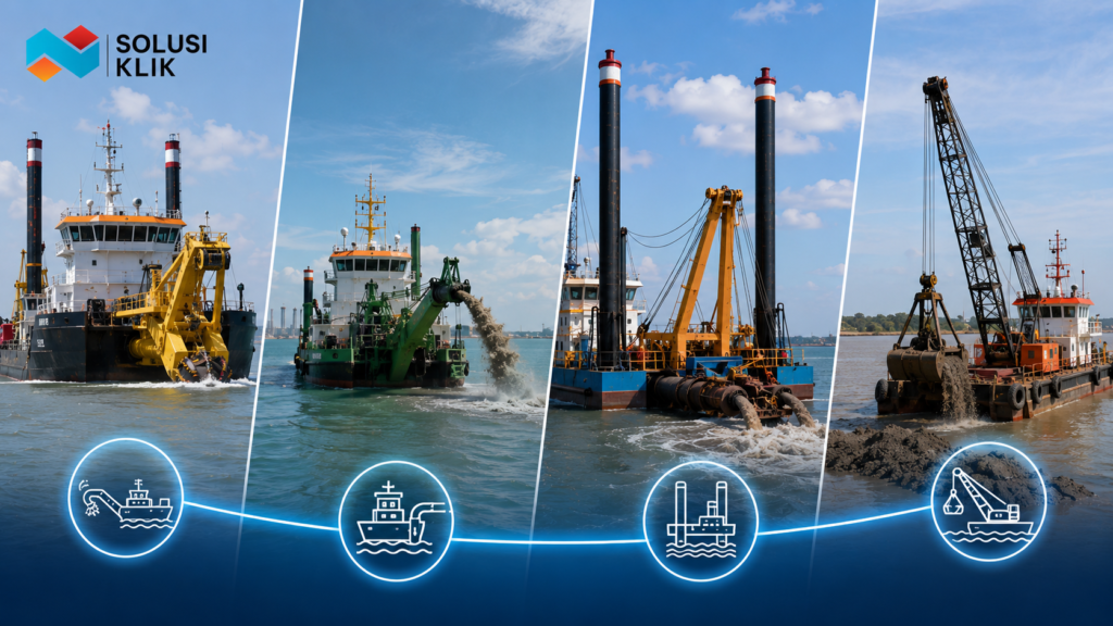 Perbandingan jenis dredger berdasarkan sistem kerja pengerukan perairan.