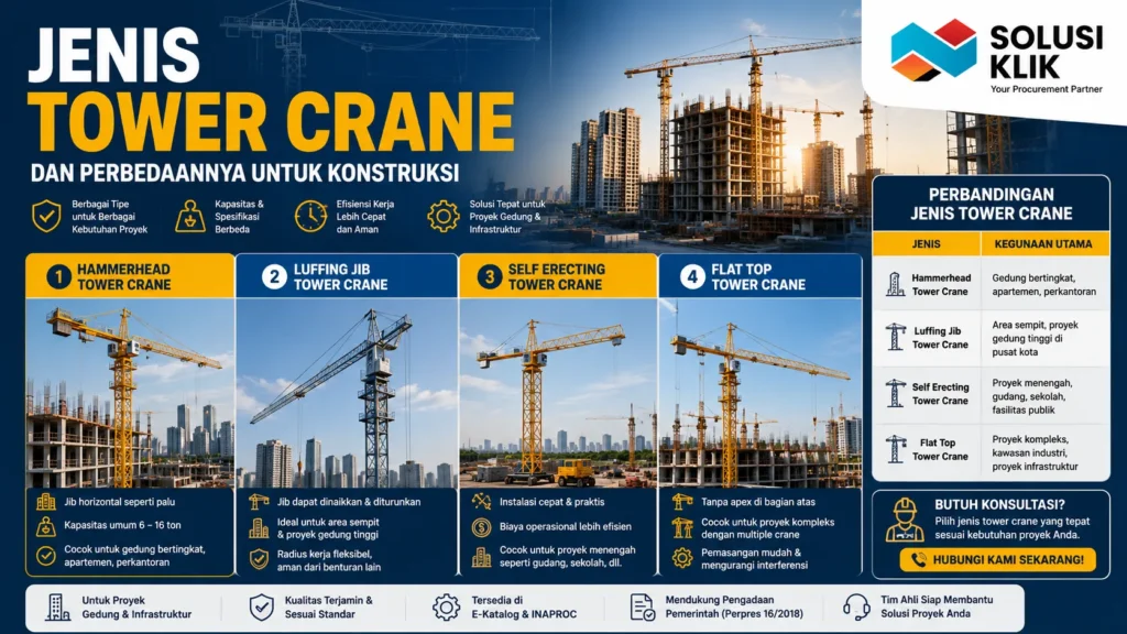 Jenis Tower Crane dan perbedaannya untuk berbagai kebutuhan konstruksi gedung dan infrastruktur